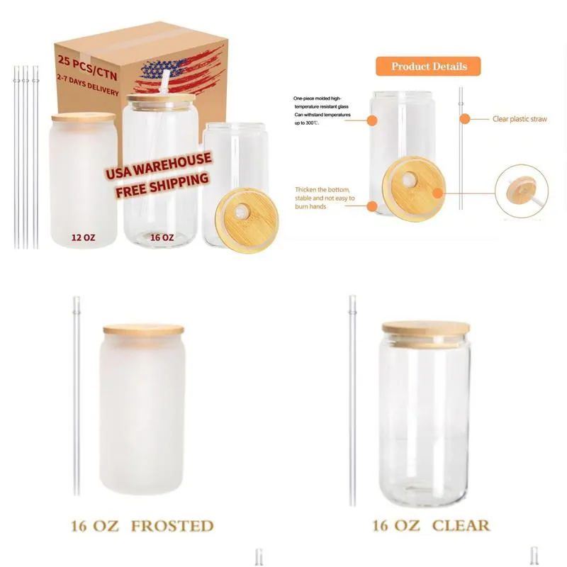 Tumblers Ca Usa Warehouse 16Oz Frosted Clear Beer Can Glass Sublimation Water Bottle Jar With Bamboo Lid And Sts Drop Delivery Home Ga Dhljt