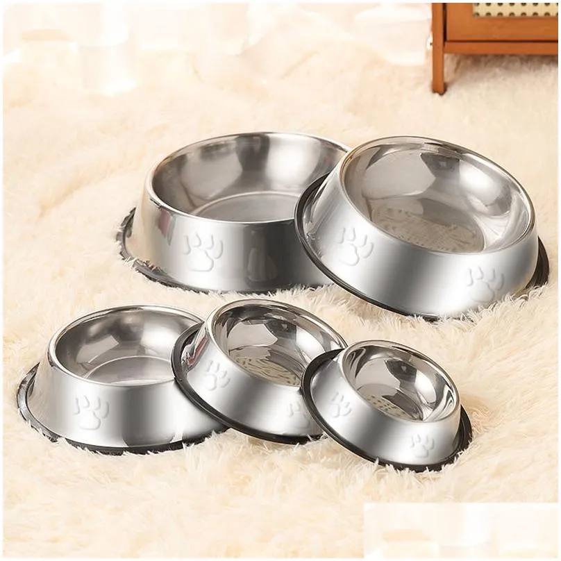 Dog Bowls & Feeders Basic Steel Dog Bowls Dishes 8Oz 12Oz 18Oz 28Oz 48Oz Cat Bowl Water And Food With Rubber Base For Small/Medium/Lar Dhmfq