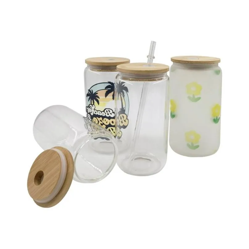 Tumblers Custom Logo China Usa Ca Warehouse 16Oz Clear Matte Sublimation Billet Glass Mason Jar Beer With Bamboo Lid St Drop Delivery Dhw0P