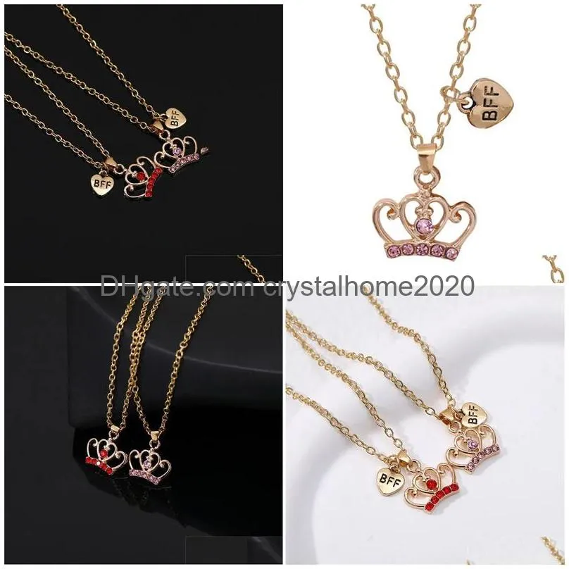 Pendant Necklaces Fashion Red Rhinestone Crown Pendant Gold Plated Necklace Alloy South American Best Friends Bff Heart Childrens Neck Dh4Ai