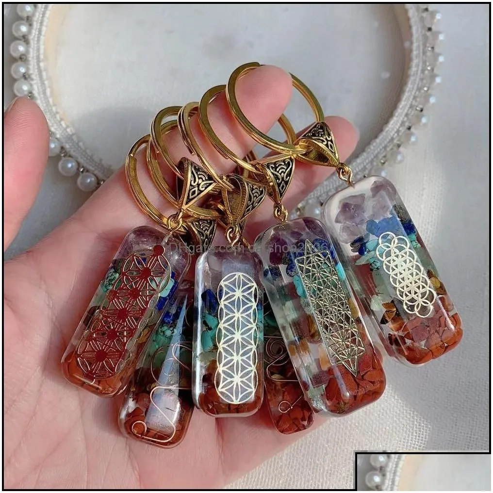 Key Rings 7 Chakras Orgonekey Keychain Energy Orgonite Crystal Stone Healing Amet Clasp For Car Meditation Reiki Om Luck Dhseller2010