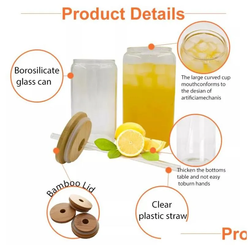 Tumblers Usa Ca Warehouse 16Oz Frosted Clear Beer Can With Bamboo Lid And Plastic Sts Sublimation Glass Jar Drop Delivery Home Garden Dhsm9