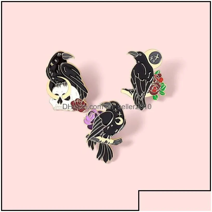 Pins Brooches Gothic Dark Magic Brooches Creative Fashion Crow Skeleton Rose Enamel Pins Personality Unique Badges Lapel Backpack Je