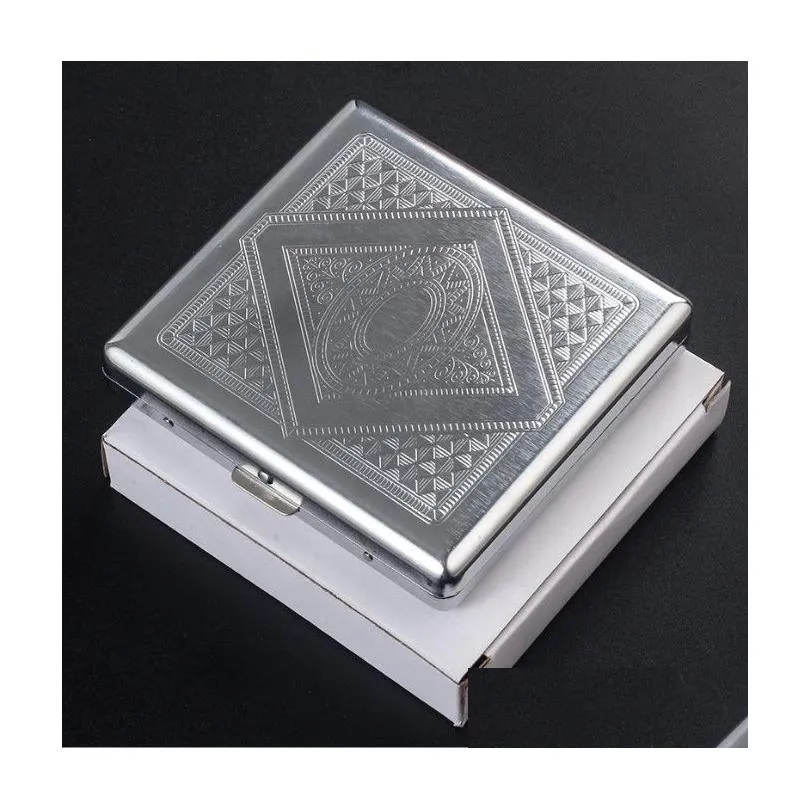 Cigarette Cases Embossing Stainless Steel Cigarette Case 3.34X3.54X0.7Inch Portable Pressure Resistant Coarse Tobacco Fashion Personal Dhzjm