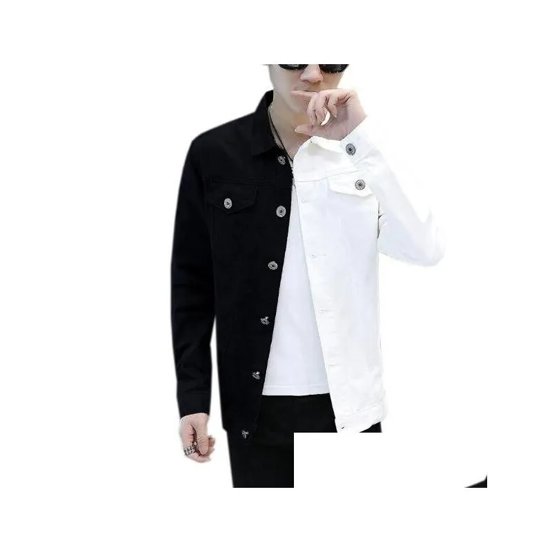 Men`S Jackets Spring Autumn Men Casual Slim Denim Jacket Black White Red Color Matching Homme Letters Embroided Harajuku Style Coat Dr Dh8D2
