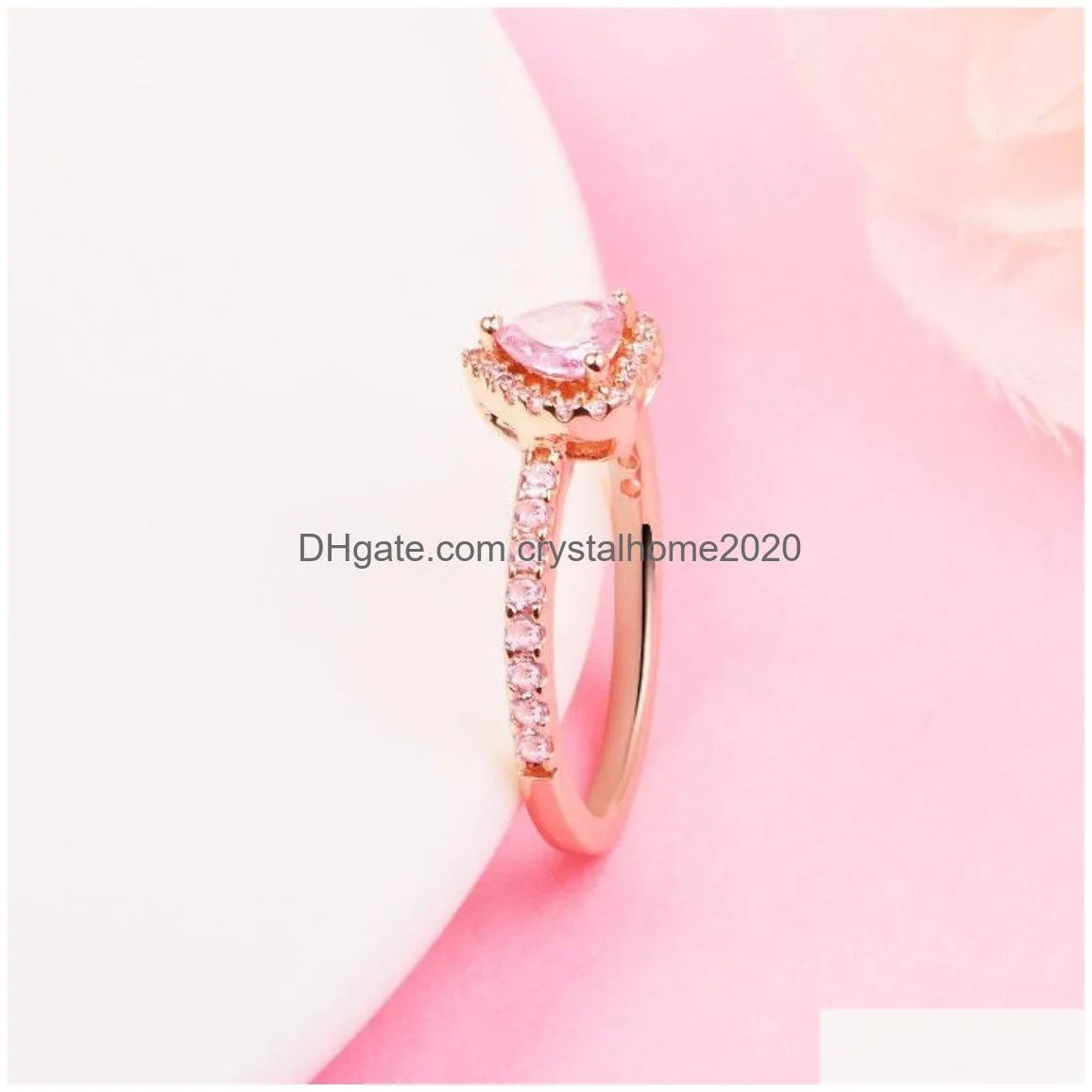 Band Rings Rose Gold Plated Sparkling Pink Elevated Heart Fit Jewelry Engagement Wedding Lovers Fashion Ring For Drop Delivery Jewelr Dh73V