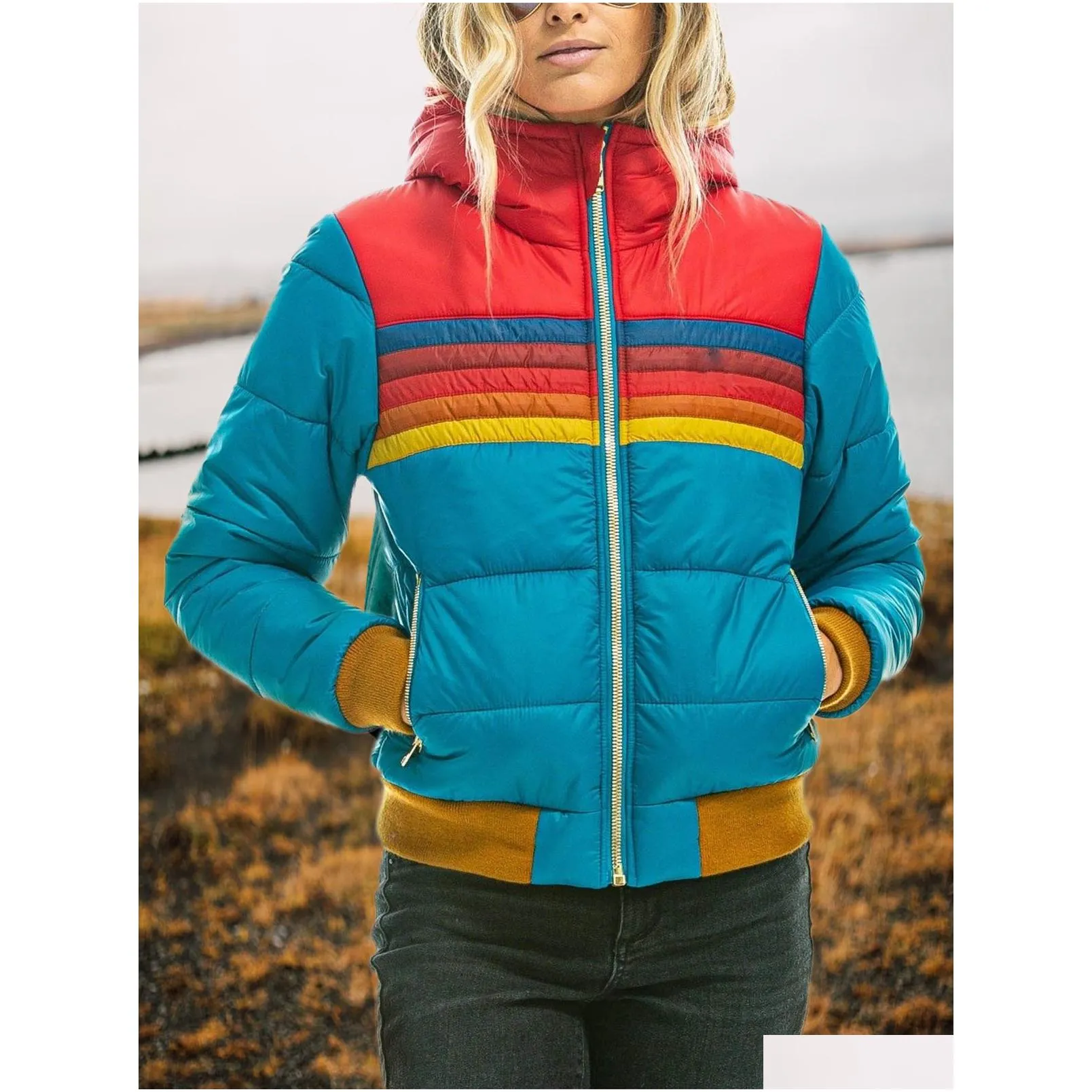 Women`S Jackets Womens Jackets Donsignet Women Down Coat 2022 Casual Rainbow Fashion Zip-Up Striped Plus Size Hat Drop Delivery Appare Dh0Ad
