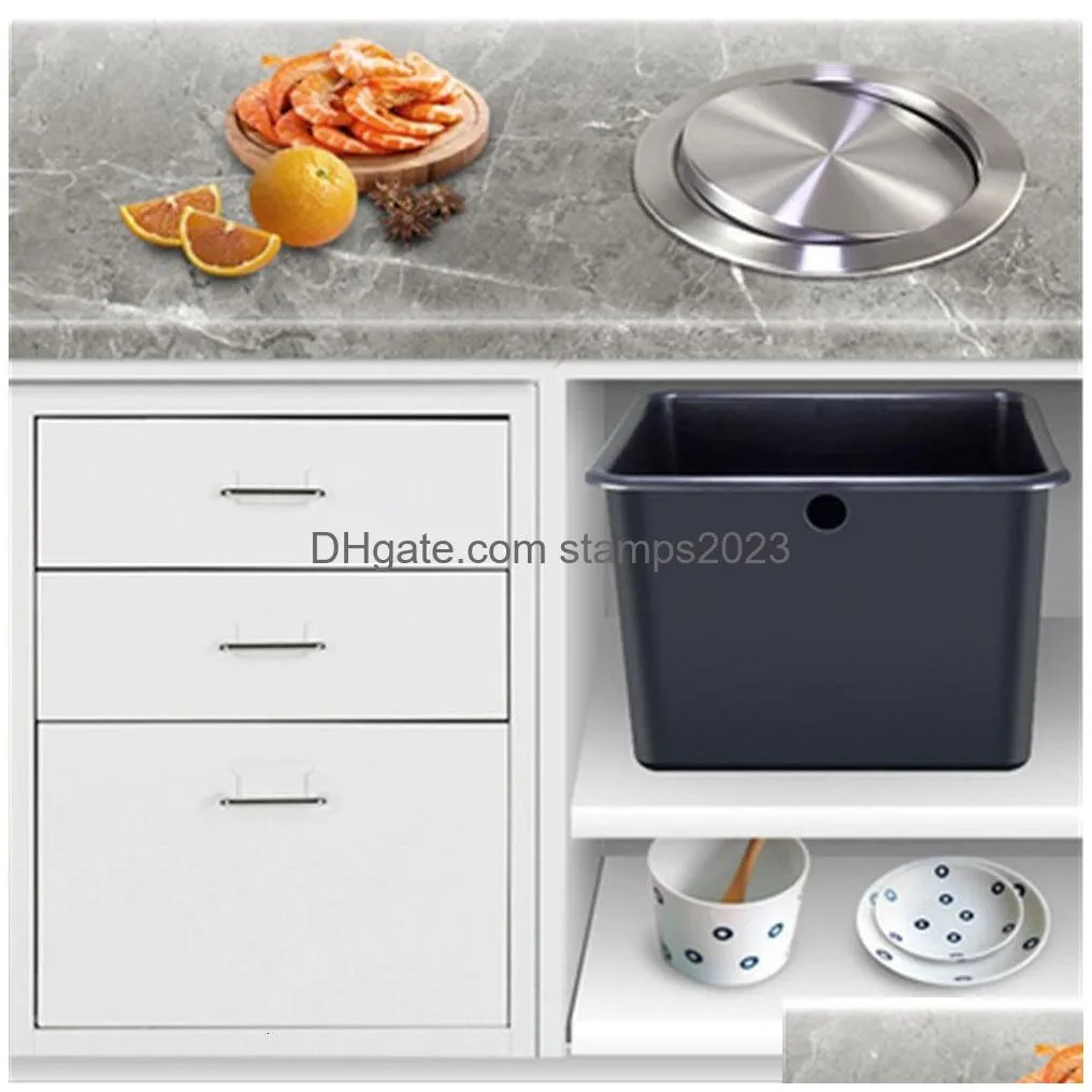 Waste Bins Stainless Steel F Recessed Built-In Nce Swing Flap Lid Er Trash Bin Garbage Can Kitchen Counter Top Ashcan Drop Delivery Dh7Tc