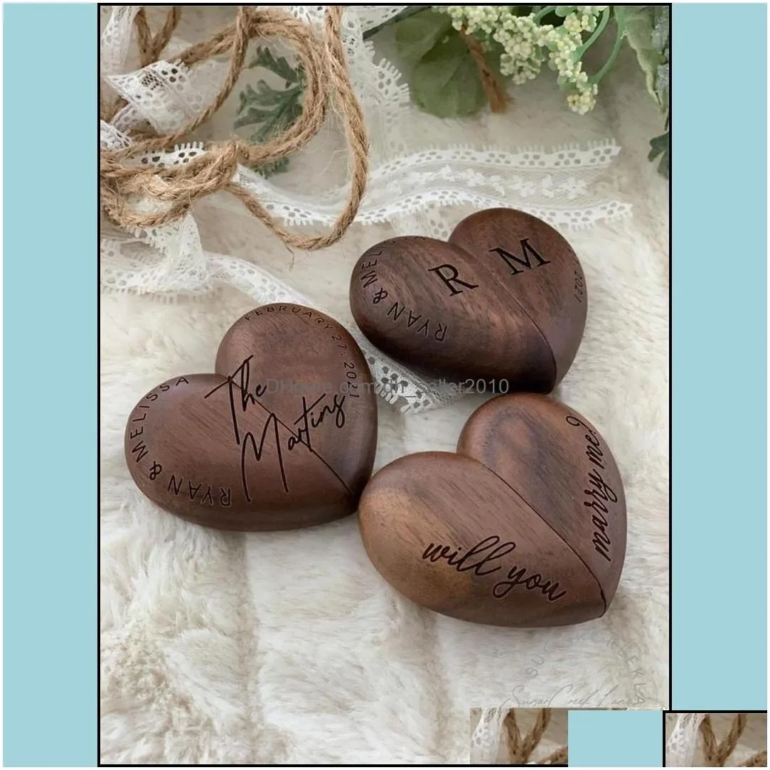 Jewelry Boxes Heart Shaped Walnut Wood Ring Box Veet Soft Interior Holder Organizer Jewelry Wooden For Proposal Engagement C3 Drop De