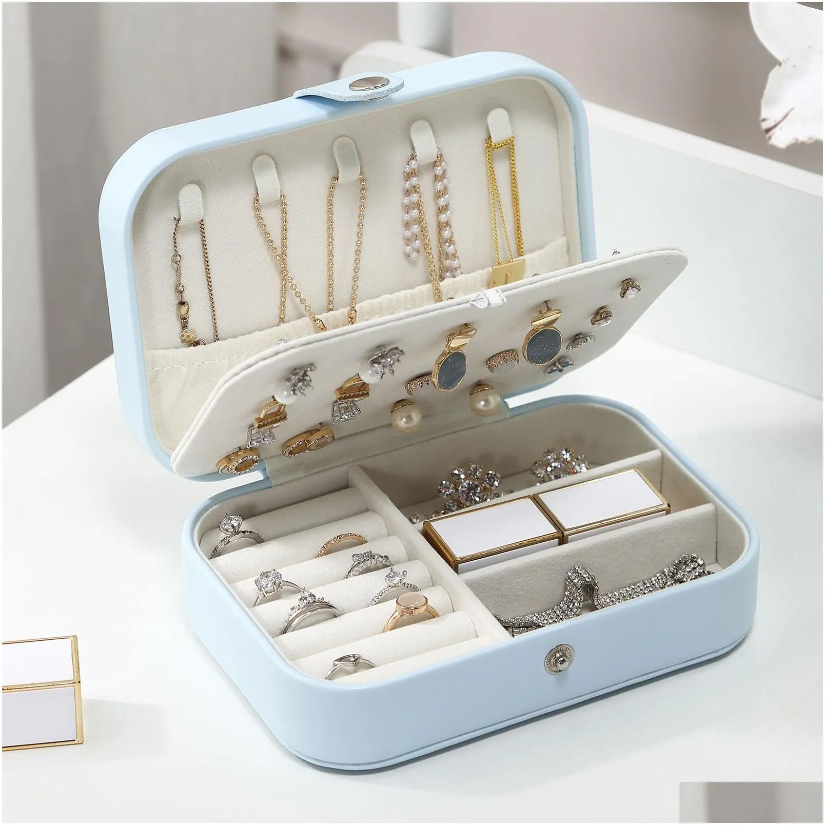 Storage Boxes & Bins 8 Colors Double Layer Pu Smooth Storage Box Convenient Earrings Necklaces Rings Cosmetics Jewelry Boxes 16X11X5 C Dhjlo