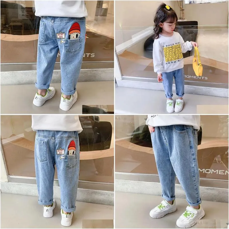 lovely cartoon kids jeans spring autumn casual elastic waist girls denim pants 2-8years old children trousers 240118