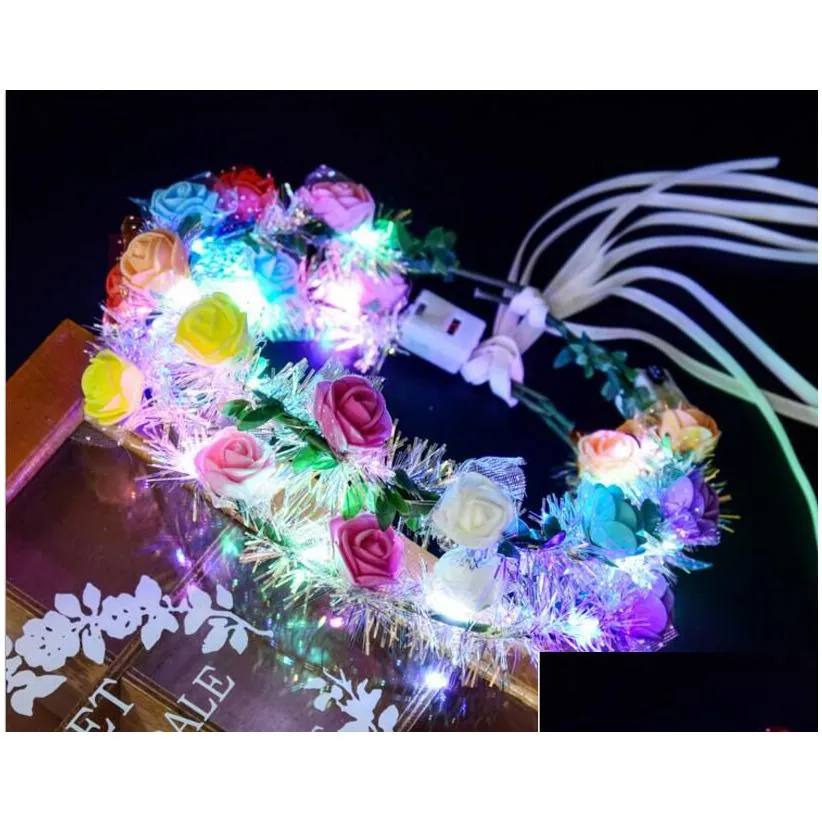 Decorative Flowers & Wreaths Led Flower Wreath Glowing Garland Gold Silk Colorf Bride Headband Lights Ribbon Rattan Fairy Headdress Fe Dh2Tu