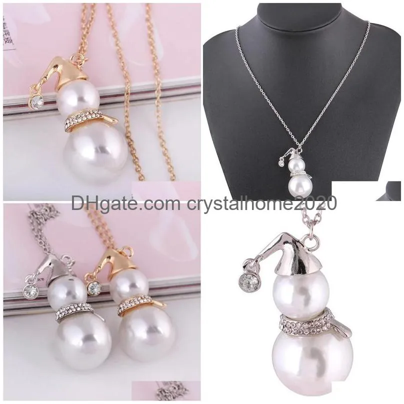 Pendant Necklaces Micro Inset Crystal Zircon Pearl Snowman Pendant Necklace Autumn Winter Long Sweater Chain Christmas Gift For Women Dhvmr