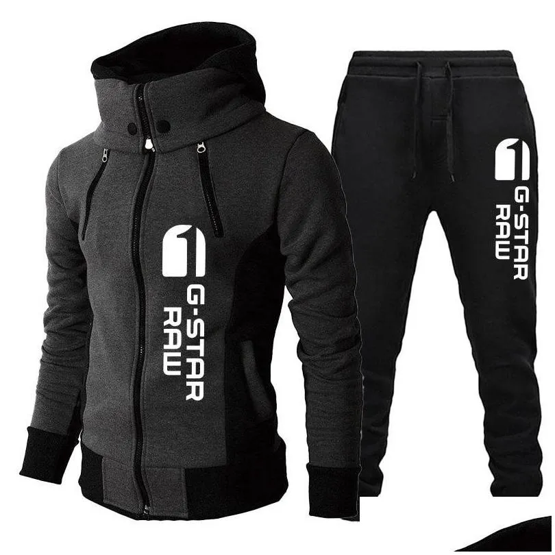Men`S Tracksuits Mens Tracksuits Gstar Printed Long Sleeve Zipper Hoodie And Trousers Windproof Motorcycle Suits Outdoor Athletic Set Dhkex