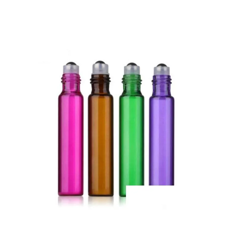 free shipping 10ml empty glass roll on bottle blue red green amber clear roller container for essential oil, aromatherapy, perfumes and