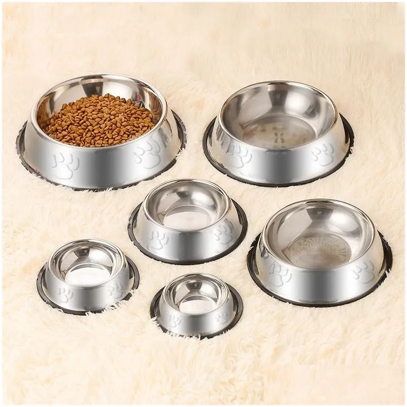 Dog Bowls & Feeders Pet Supplies Stainless Steel Bowl Cat Food Wholesale Set Dog With Paw Print And Rubber Base Drop Delivery Home Gar Dhndn