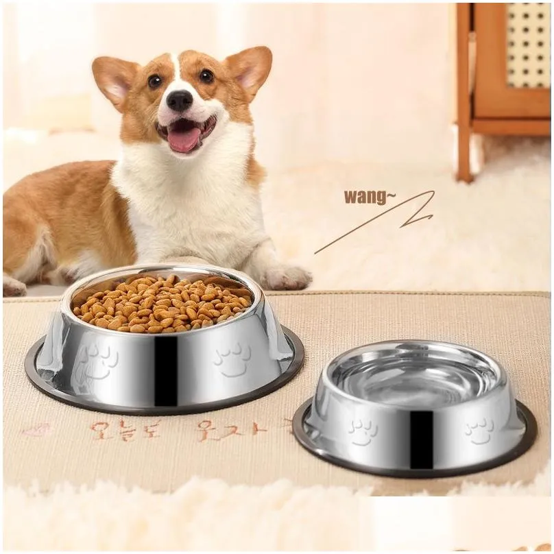 Dog Bowls & Feeders Basic Steel Dog Bowls Dishes 8Oz 12Oz 18Oz 28Oz 48Oz Cat Bowl Water And Food With Rubber Base For Small/Medium/Lar Dhmfq