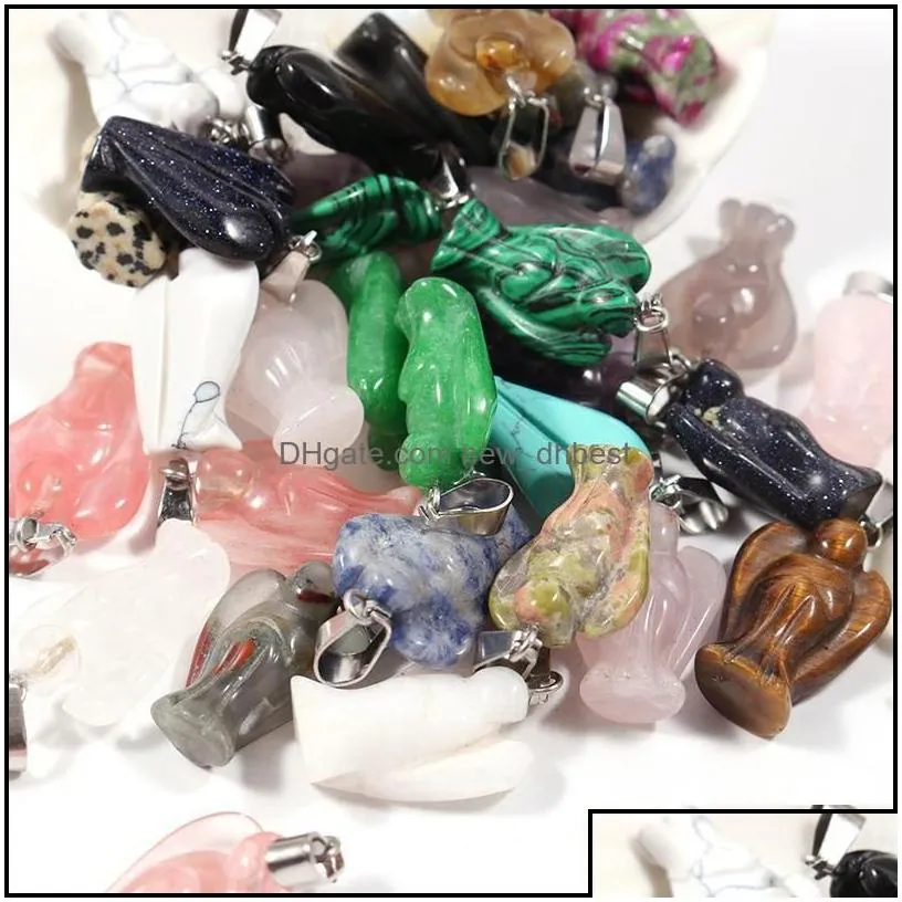 Charms Fashion Natural Stone Carved Angel Charms Rose Quartz Amethyst Jade Gem Pendants For Necklace Making Jewelry Whol Dhseller2010