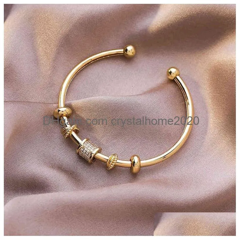 Bangle Designer French Elegant Shiny Cz Stone Brass Gold Bangles For Women Ladies Geometric Cross Adjustable Open Charm Bracelet Drop Dha3Q