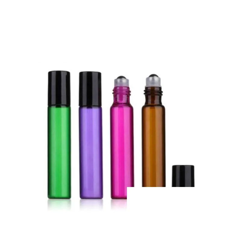free shipping 10ml empty glass roll on bottle blue red green amber clear roller container for  oil, aromatherapy, perfumes and