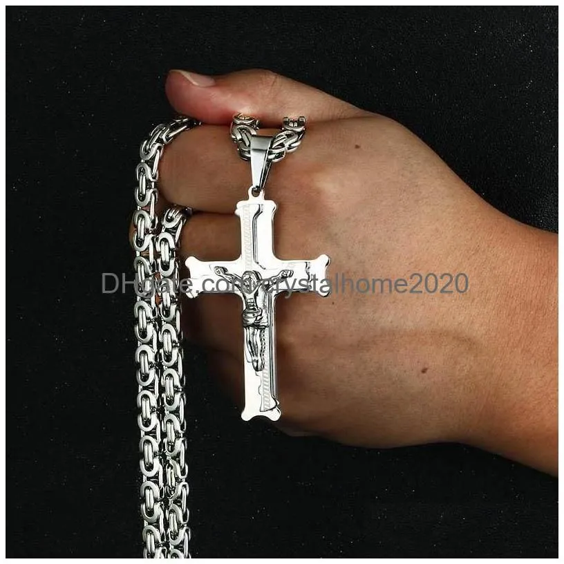 Pendant Necklaces Gold Color Fish Bone Pattern Cross Necklace Men Stainless Steel Crucifix Jesus Link Chain Catholic Jewelry Drop Del Dhpj1