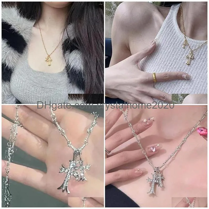 Pendant Necklaces Double Cross Vintage Celtic Rhinestone Long Charm Necklace Fashion Choker For Women And Girls Gift Drop Delivery Dhpht