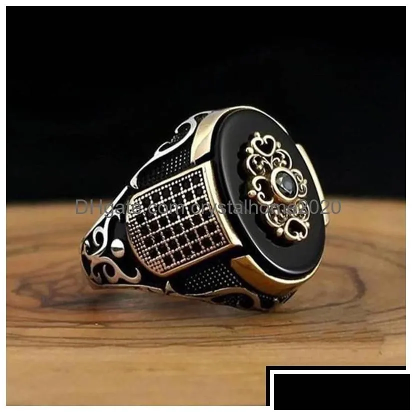 Band Rings Handmade Turkish Ring For Men Vintage Double Swords Black Zircon Punk Islamic Relius Muslim Jewelry Drop Delivery Dhaxt