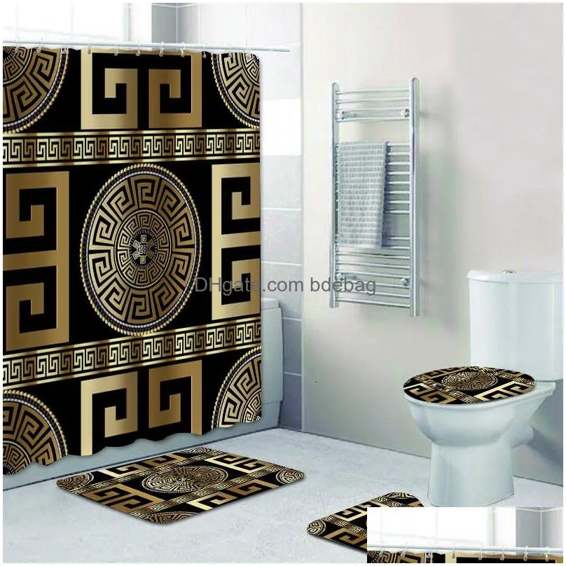shower curtains geometric greek key meander mandala pattern curtain and carpet set abstract bathroom mat toilet decorative 230403