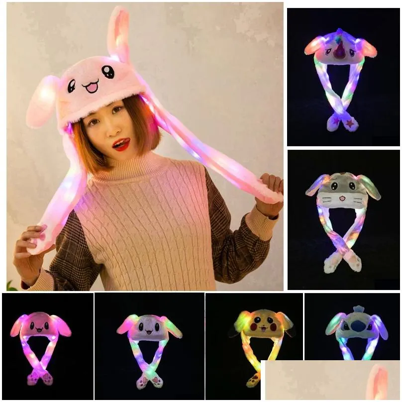 Party Hats Led Ligh Up P Moving Rabbit Hat Funny Glowing And Ear Bunny Cap For Women Girls Cosplay Christmas Party Holiday Drop Delive Dh42U