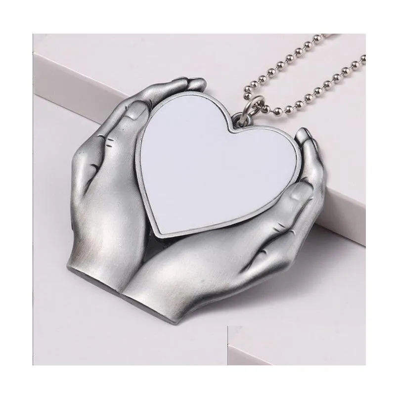 Pendants Sublimation Blank Heat Transfer Printing Hand Heart Pendant Car Aluminum Sheet Metal Key Chain European And American Ornament Dhskc