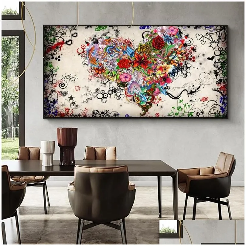 paintings ddhh wall art picture canvas print love painting abstract colorful heart flowers posters prints for living room home no