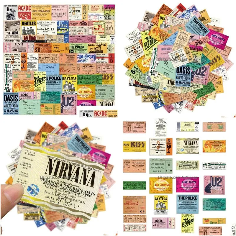 55pcs/lot classic rock band vintage tickets graffiti sticker for laptop motorcycle skateboard luagage decal guitar stickers