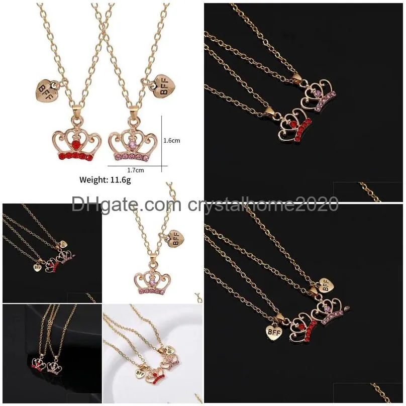 Pendant Necklaces Fashion Red Rhinestone Crown Pendant Gold Plated Necklace Alloy South American Best Friends Bff Heart Childrens Neck Dh4Ai