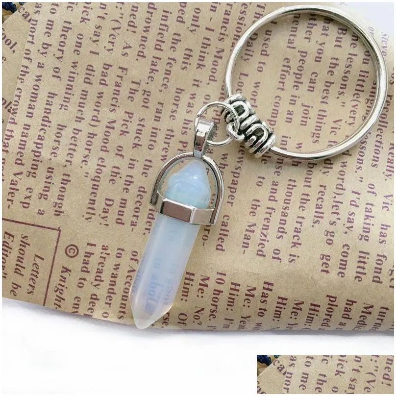 Keychains & Lanyards Fashion Hexagonal Column Crystal Stone Keychain Pendant Natural Gemstone Key Chain Car Bag Decoration Keyring Ac Dhspj