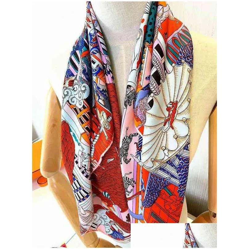 Scarves Hand Rolled Edges Satin Scarves 90X90Cm Square Silk Scarf Top Foard Femme Soie Marque De Luxe Animapolis Drop Delivery Fashion Dhar9