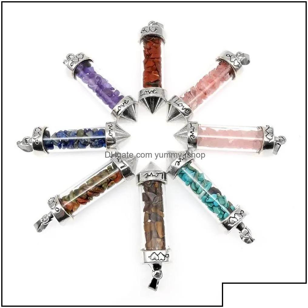 Charms Jewelry Findings Components Glass Gravel Wishing Bottle Pendant Seven Chakra Divination Dowsing Cone Point Pen Dh69F