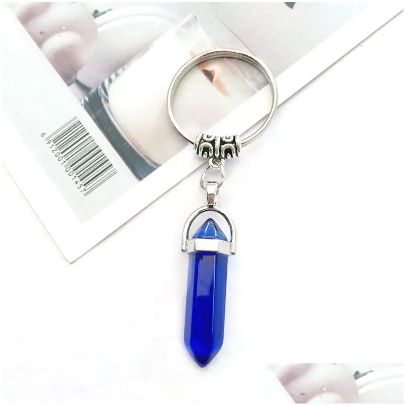 Keychains & Lanyards Fashion Hexagonal Column Crystal Stone Keychain Pendant Natural Gemstone Key Chain Car Bag Decoration Keyring Ac Dhspj