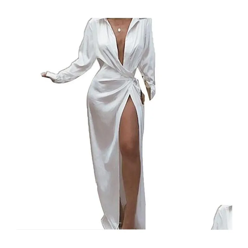 Casual Dresses 2021 Satin Silk Y Dress Long Sleeve Party Women Night Club Soft Autumn Solid Split Turn Down Drop Delivery Dhc0L