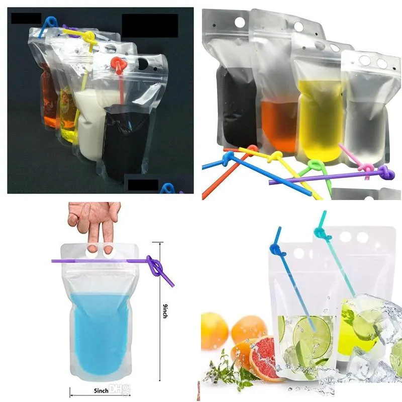 Disposable Cups & Straws Clear Drink Pouches Bags Frosted Zipper Stand-Up Plastic Drinking Bag With St Holder Reclosable Heat-Proof Fy Dhlfd