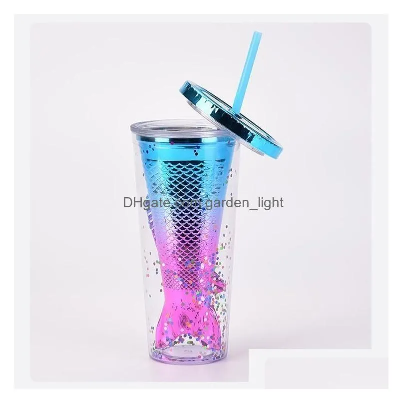  12oz double-layer plastic drinkware creative gradient mermaid tail straw cup face value electroplating color sequin water tumblerful spot