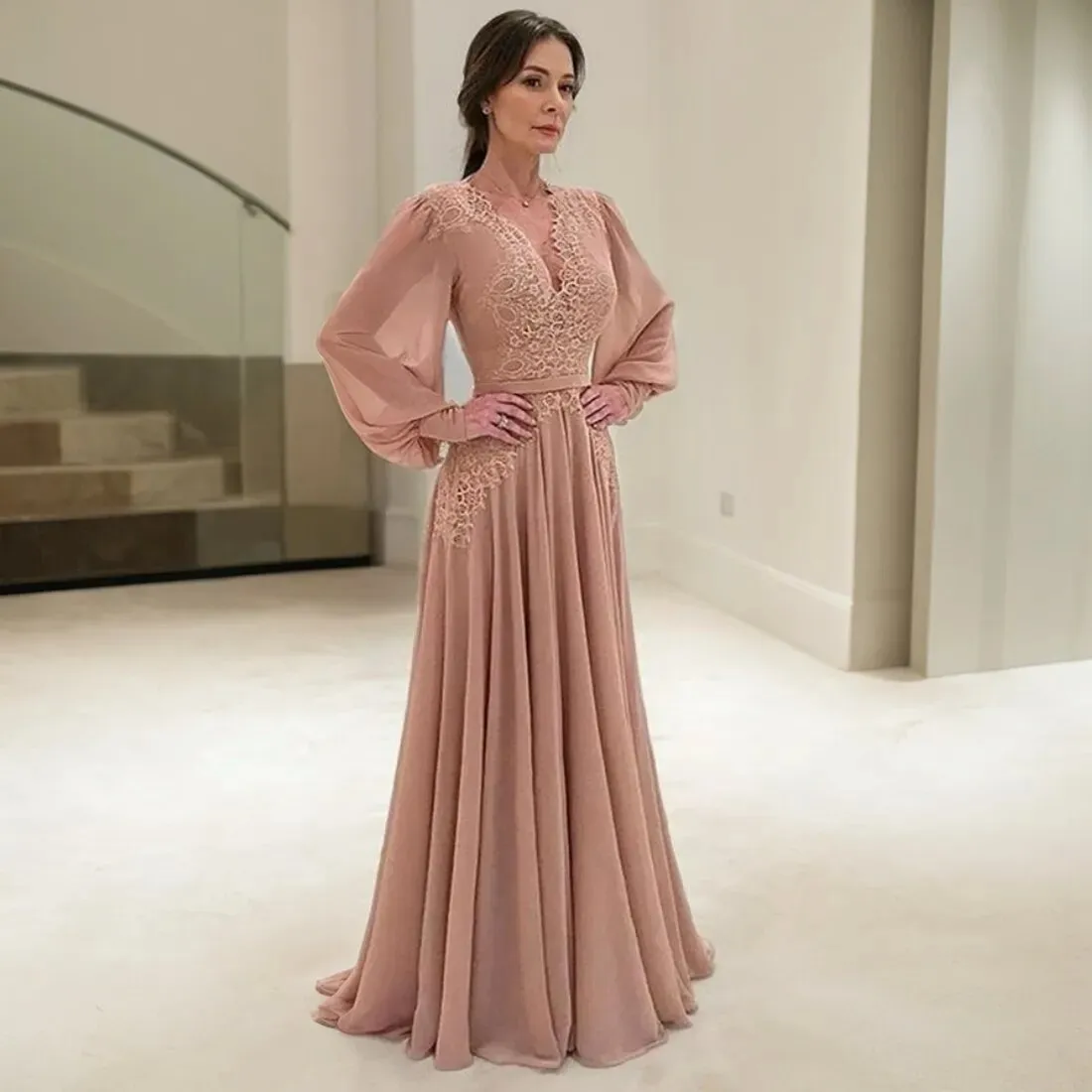 Elegant Mother Of The Bride Dress Chiffon Lace V Neck Long Sleeve Mother's Dress With Belt For Marriage Bride Gowns