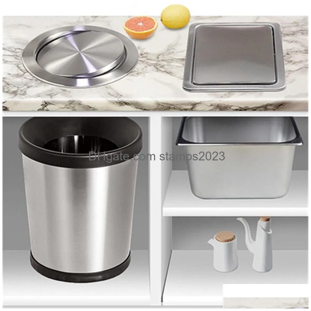 Waste Bins Stainless Steel F Recessed Built-In Nce Swing Flap Lid Er Trash Bin Garbage Can Kitchen Counter Top Ashcan Drop Delivery Dh7Tc