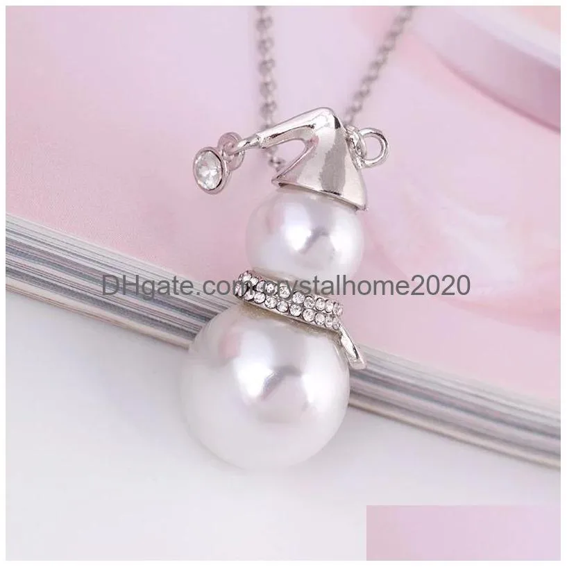 Pendant Necklaces Micro Inset Crystal Zircon Pearl Snowman Pendant Necklace Autumn Winter Long Sweater Chain Christmas Gift For Women Dhvmr