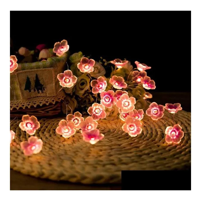 Party Decoration Peach Flowers Fairy Lights String Party Decoration 6.6Ft 20 Leds Copper Wire Led Light Battery Powered For Patio Deck Dh2Aq