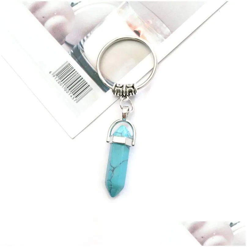 Keychains & Lanyards Fashion Hexagonal Column Crystal Stone Keychain Pendant Natural Gemstone Key Chain Car Bag Decoration Keyring Ac Dhspj