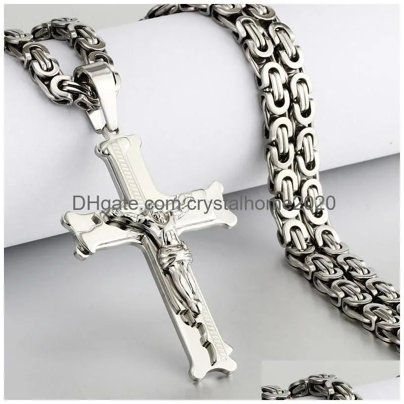 Pendant Necklaces Gold Color Fish Bone Pattern Cross Necklace Men Stainless Steel Crucifix Jesus Link Chain Catholic Jewelry Drop Del Dhpj1