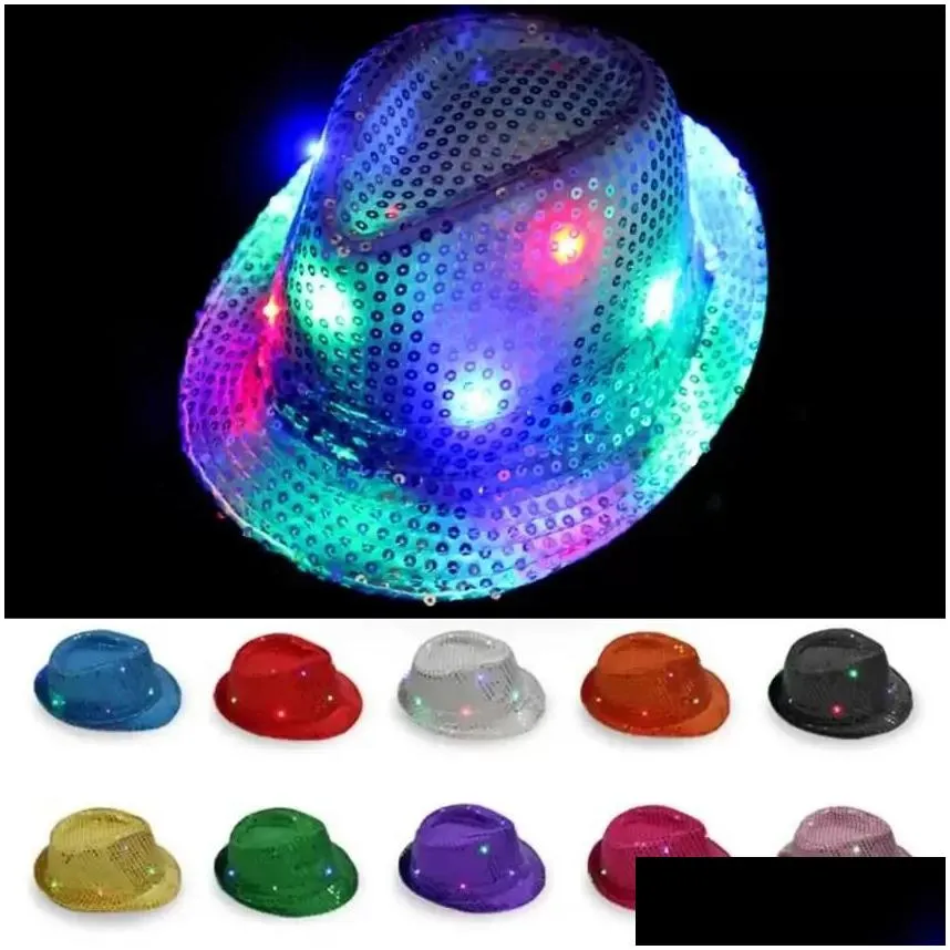 Party Hats Led Jazz Party Hats Flashing Light Up Fedora Trilby Sequins Caps Fancy Dress Dance Uni Hip Hop Lamp Luminous Hat Drop Deliv Dhuyy