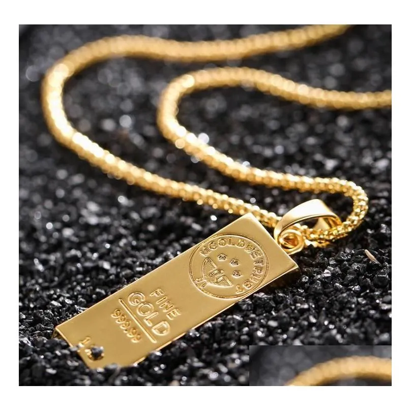 Pendant Necklaces Stainless Steel Necklace Iced Out Golden Bar Shape Pendant Round Box Chain Fortune Charm Hip Hop Mens Christmas Gift Dhsfn