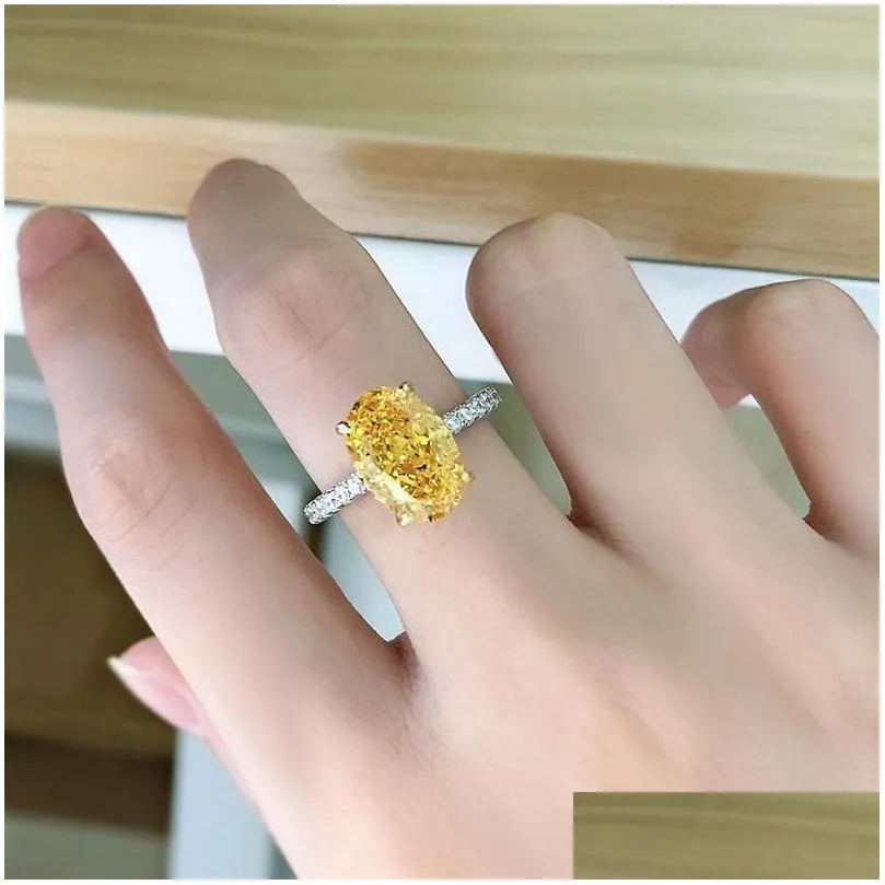 Cluster Rings Solid 925 Sterling Sier 8X12Mm Broken Oval Created Moissanite Diamond Citrine Ring For Women Engagement Fine Jewelry Dr Dhmfx