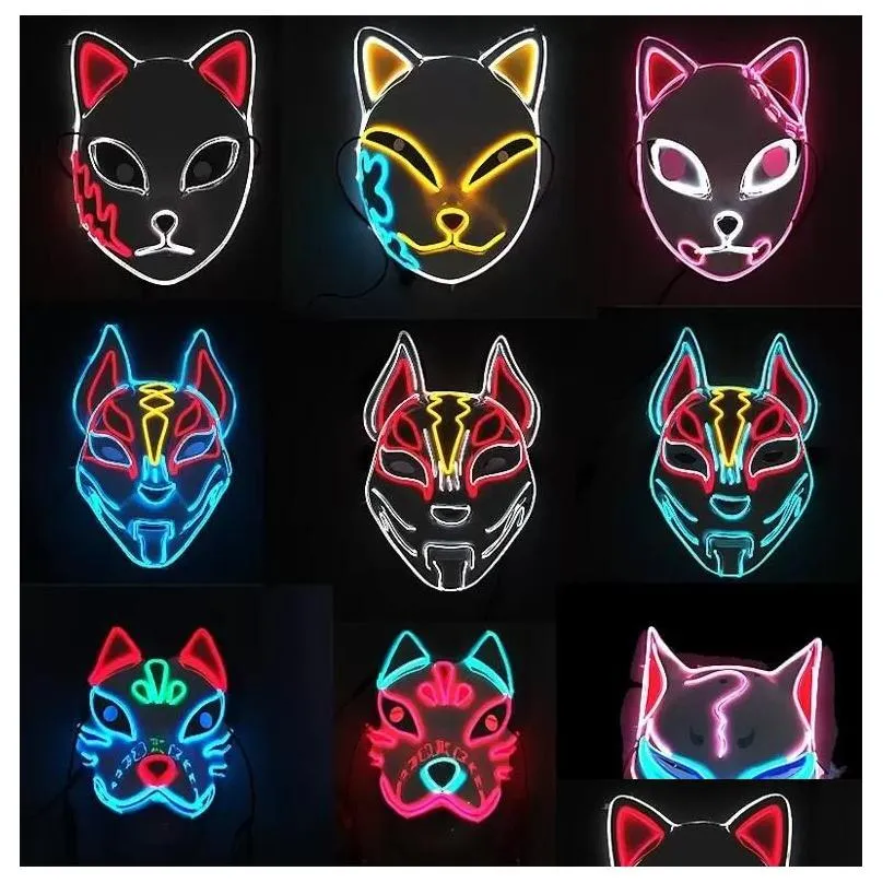 Party Masks Demon Slayer Glowing El Wire Mask Kimetsu No Yaiba Characters Cosplay Costume Accessories Japanese Fox Halloween Led Drop Dhzik